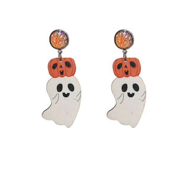 Pumpkin Ghost Wood Drop Earrings - Picture 3 of 3